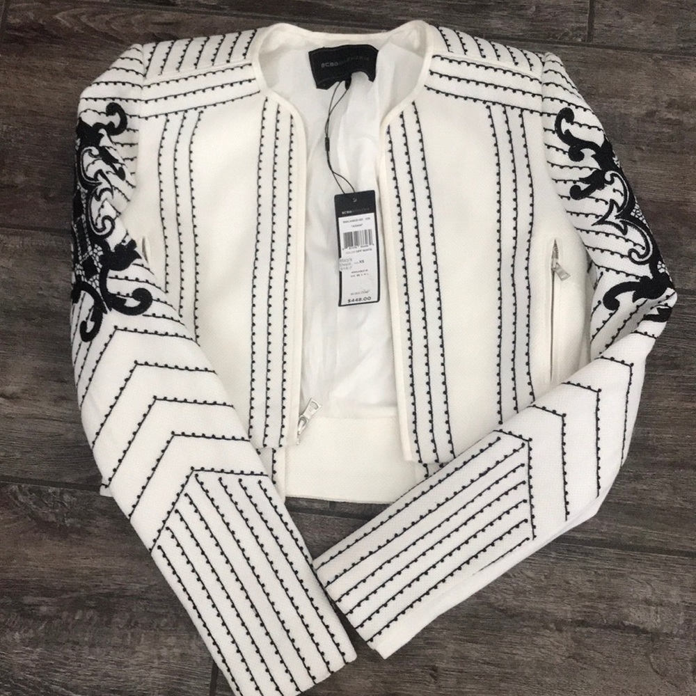BCBG white and black stitched blazer